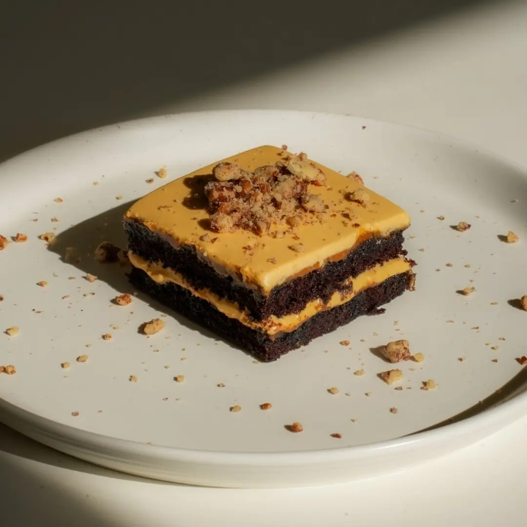 Pecan Cake — a square of dark cake with a caramel top and pecan crumble